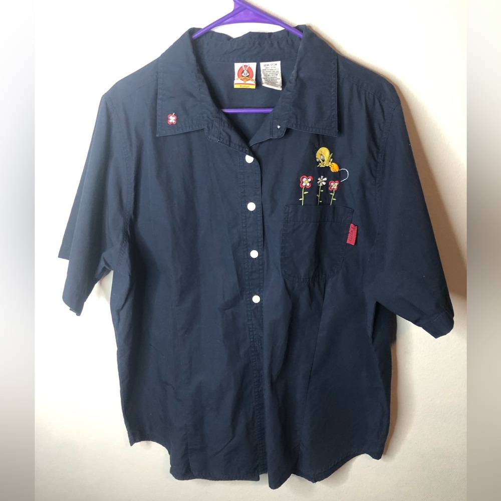 Vintage Looney Tunes Tweety Bird Embroidered Women Button Down Top 18W/20w